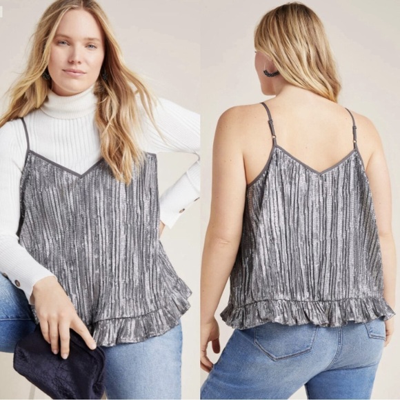 Anthropologie Tops - Anthropologie Gray Amelie Beaded Ruffle Hem Camisole with Adjustable Straps Tank